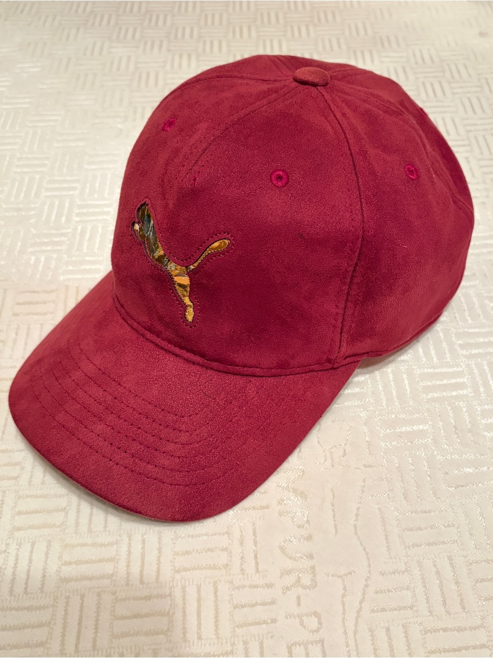 Puma burgundy Suede Baseball Cap with gold logo, adjustable size